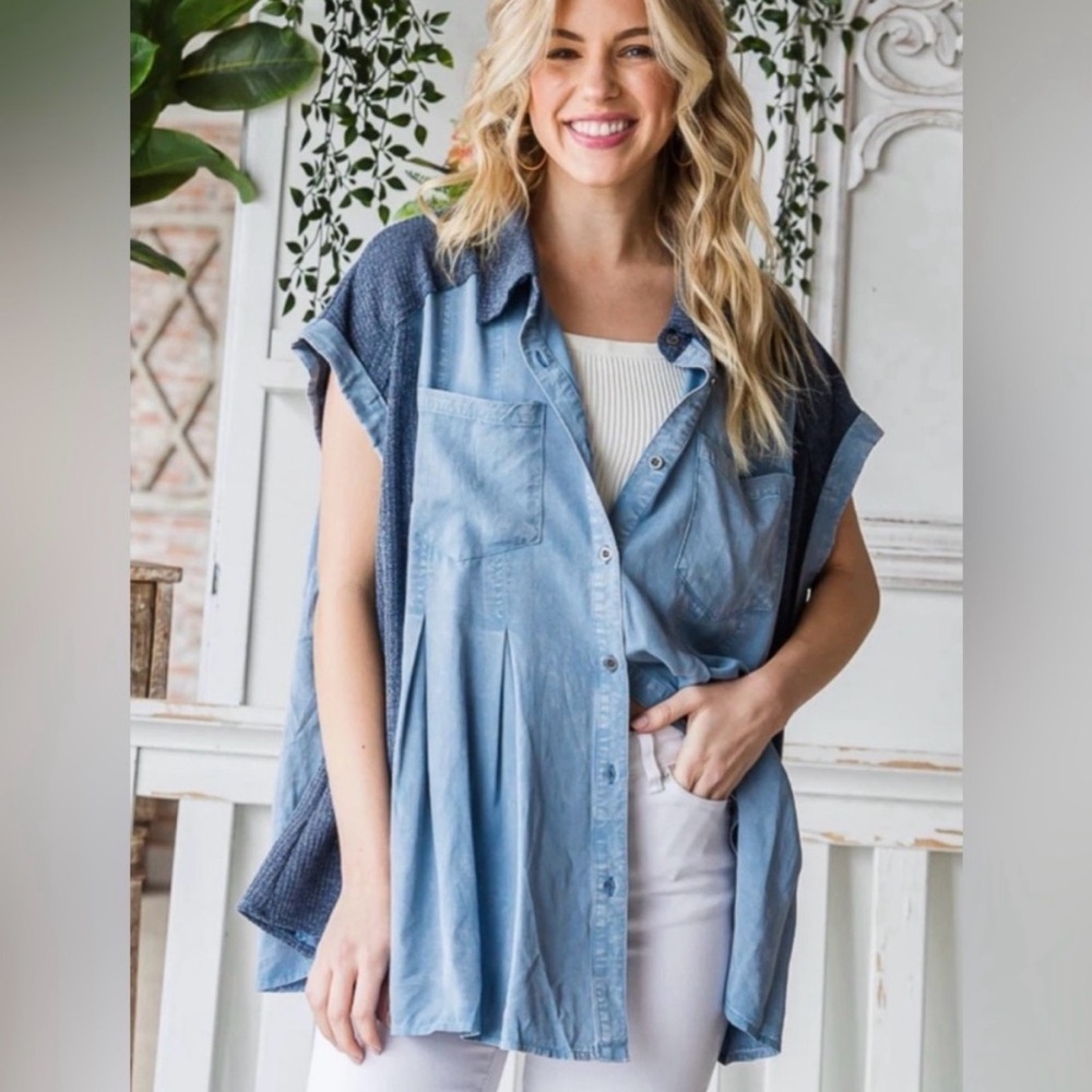 Oli & Hali | Fargo Pleated Flare Hem Button-Down Shirt | Sz S